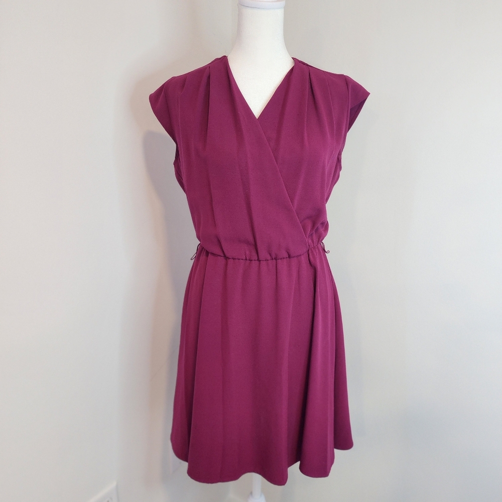 Maison Jules Womens Small Fushia Cap Sleeve Fit to Flare Midi Dress V Neck